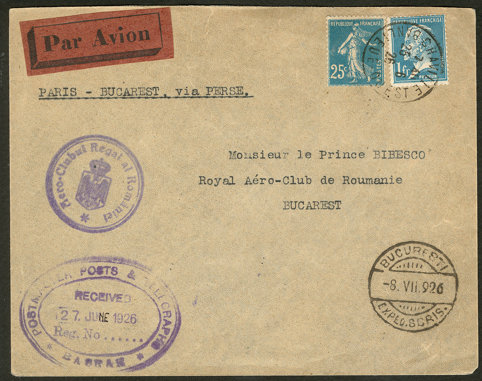 Enveloppe par avion via Air Mail cachet 2cole Française Hanoï Vietnam